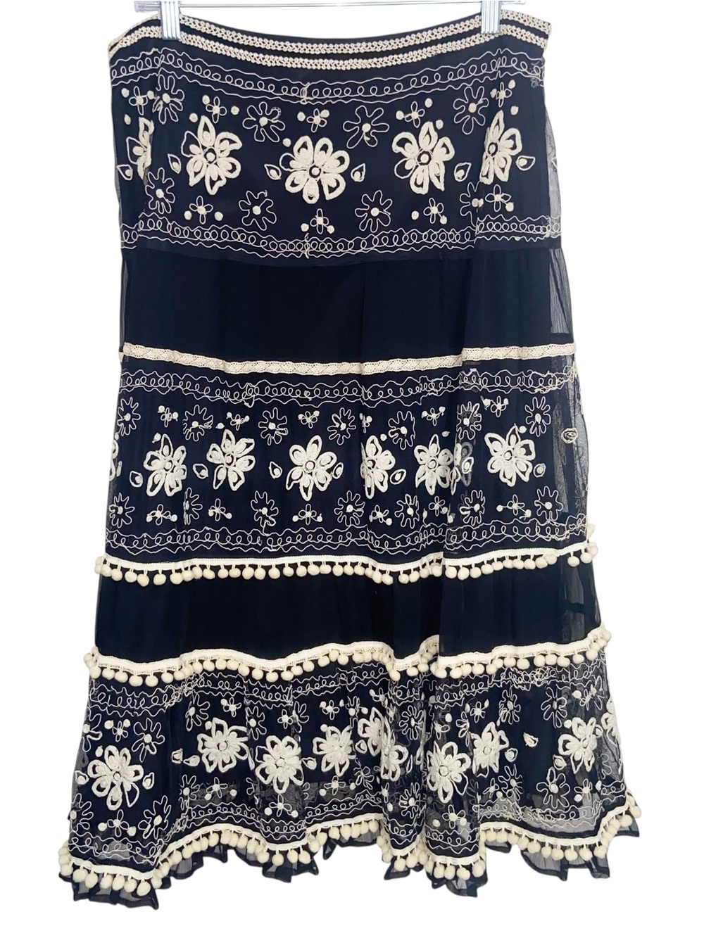 Boston Proper Skirt Womens Sz 12 Black Embroidered Midi Sheer Whimsigoth Boho